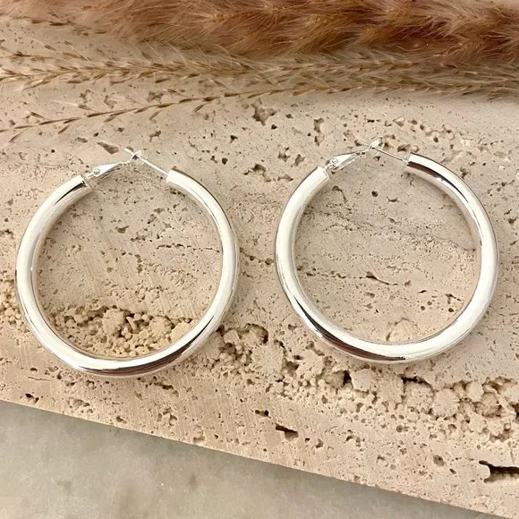 925 Sterling Silver Hoop Earrings Large Silver Hoops Chunky Earrings - Picture 2 of 5
